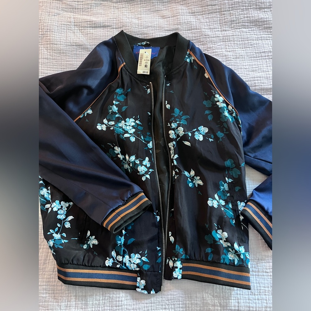 NWT Floral Satin Bomber Jacket Navy Teal Lightweight Zip Up Women’s Large